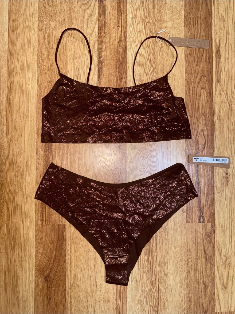 SKIMS Metallic Brown Shimmery Cocoa Foil Bra Panty Set